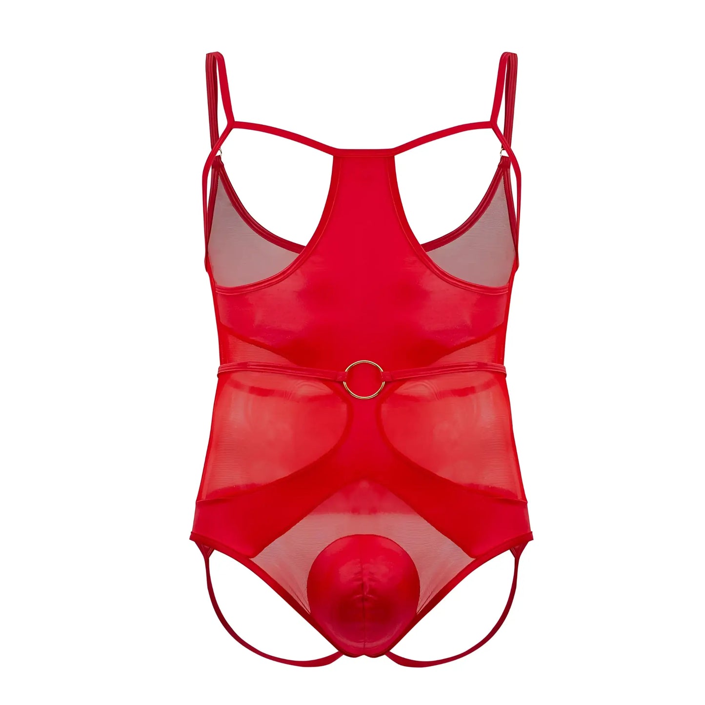 Red sheer mesh candyMan 99670 harness bodysuit with thin straps and gold toned circular belt buckle