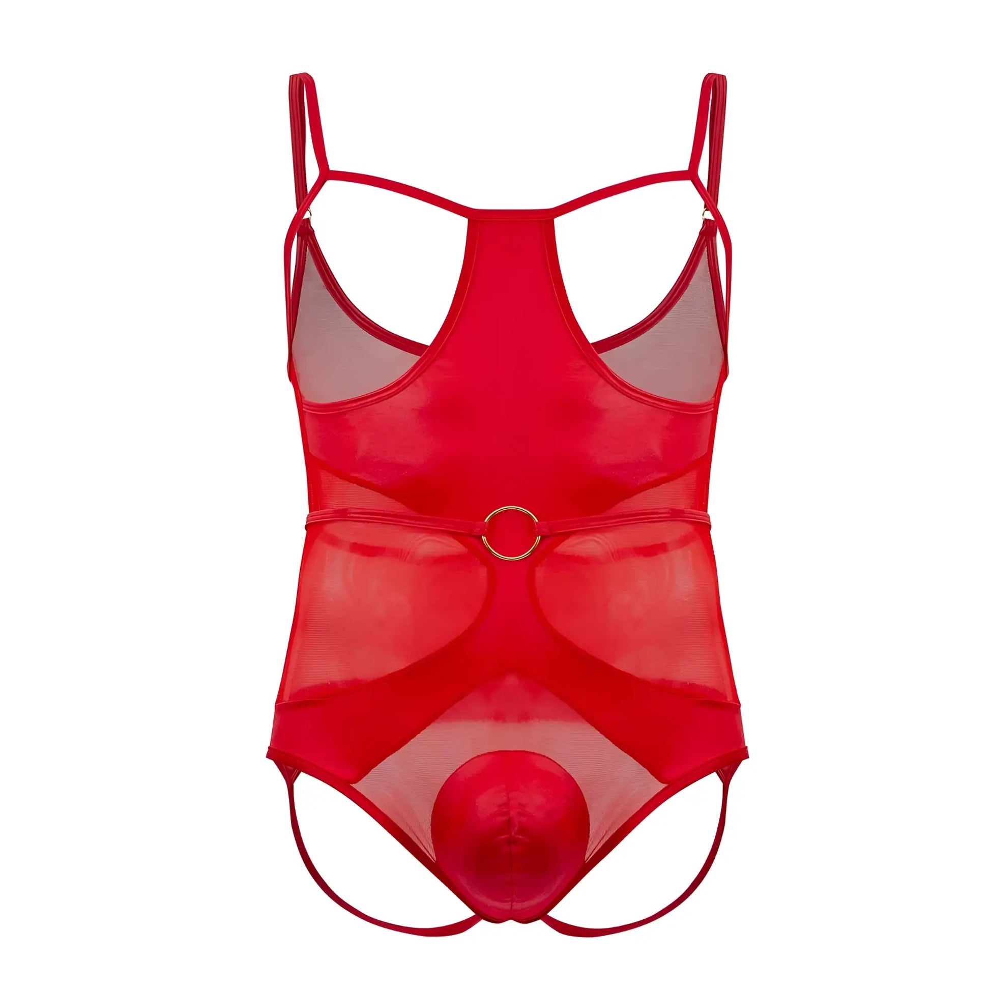 Red sheer mesh candyMan 99670 harness bodysuit with thin straps and gold toned circular belt buckle