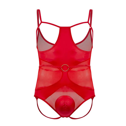 Red sheer mesh candyMan 99670 harness bodysuit with thin straps and gold toned circular belt buckle