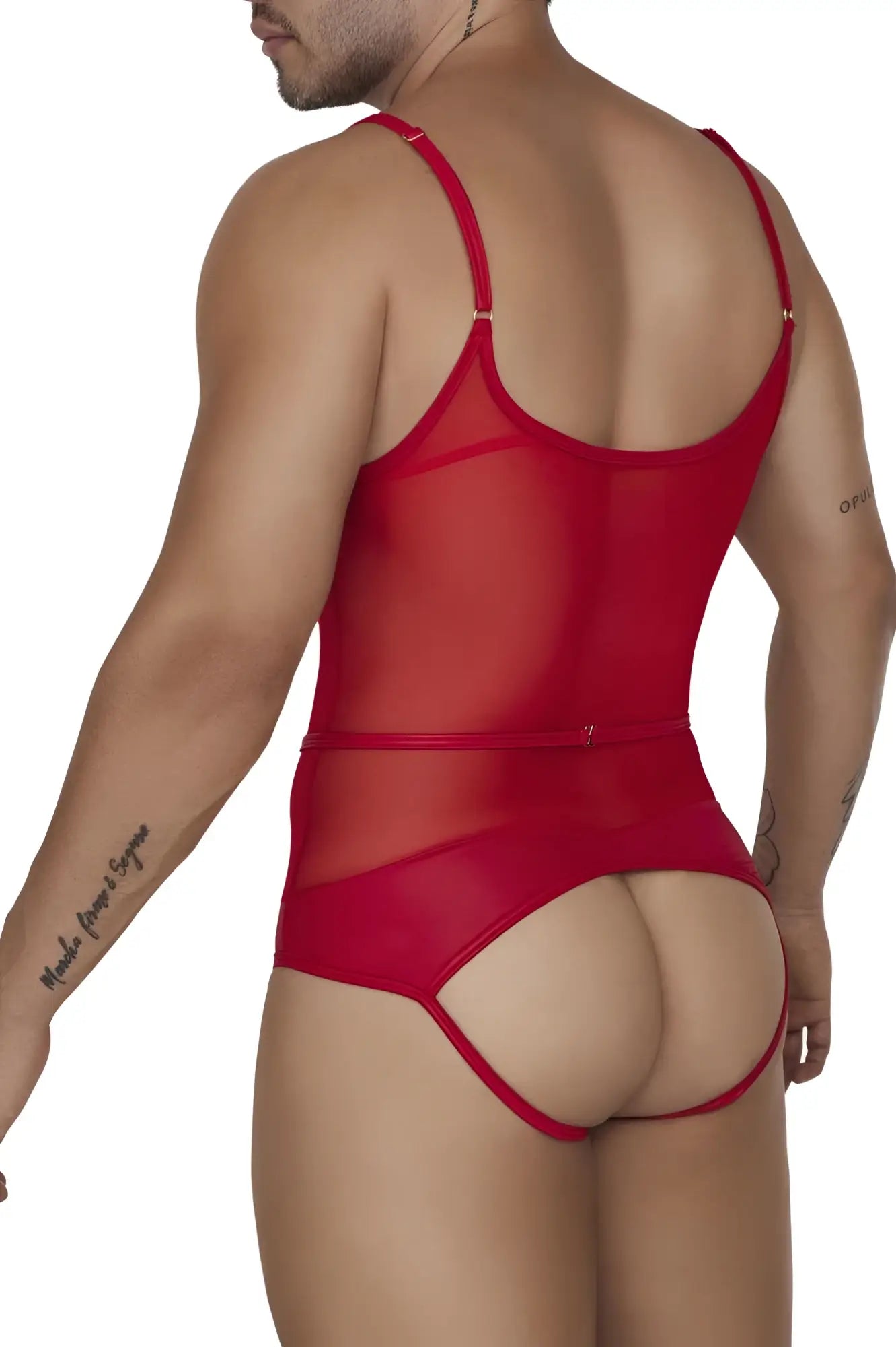 Red sheer mesh CandyMan 99670 harness bodysuit with thin straps and back zipper shown from the back side
