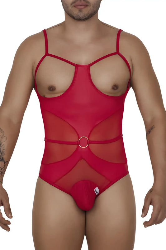 Red sheer mesh harness bodysuit with thin straps and central ring detail candyMan 99670 in red color