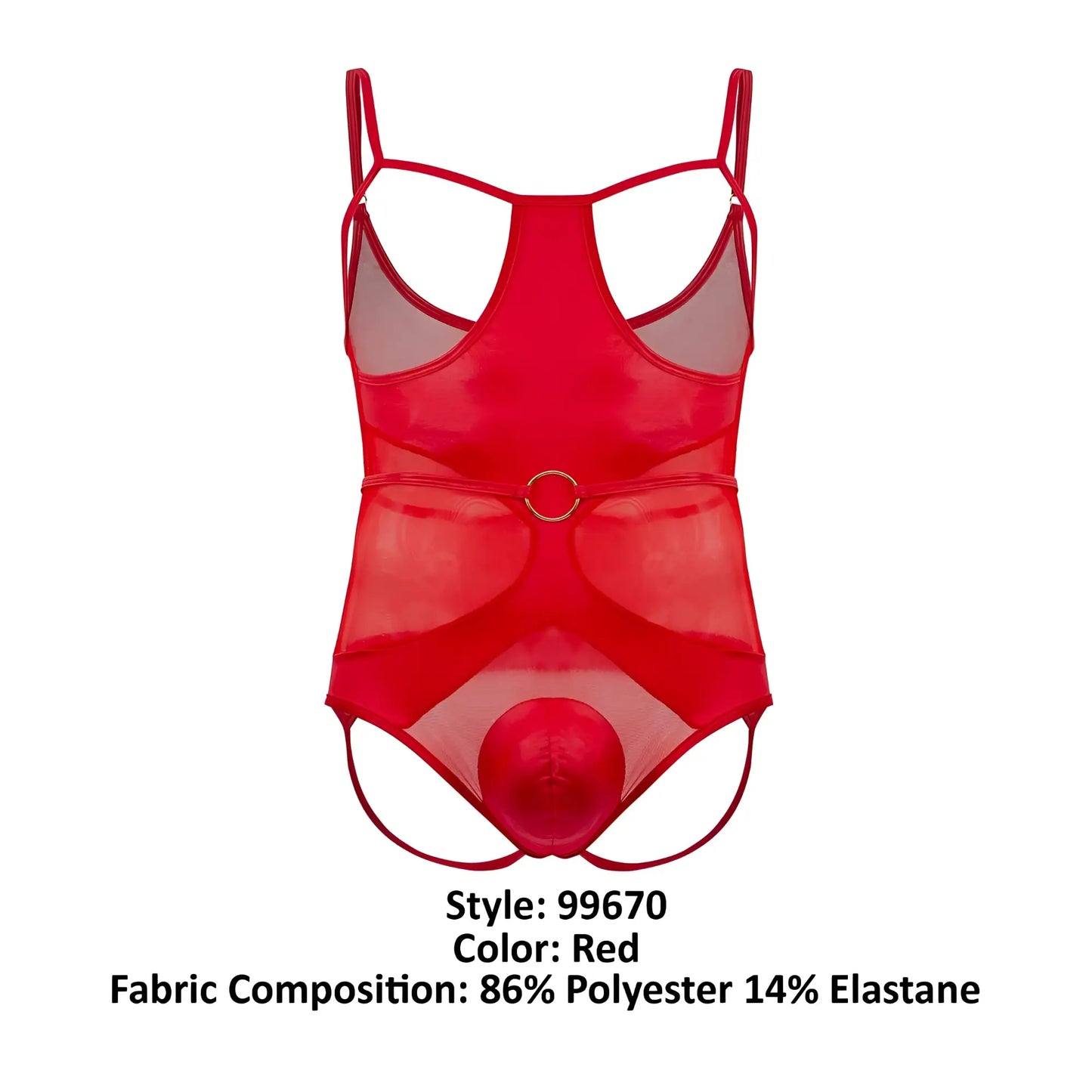 Red CandyMan 99670 harness bodysuit featuring sheer mesh material, thin straps, and a circular metal buckle at the waist