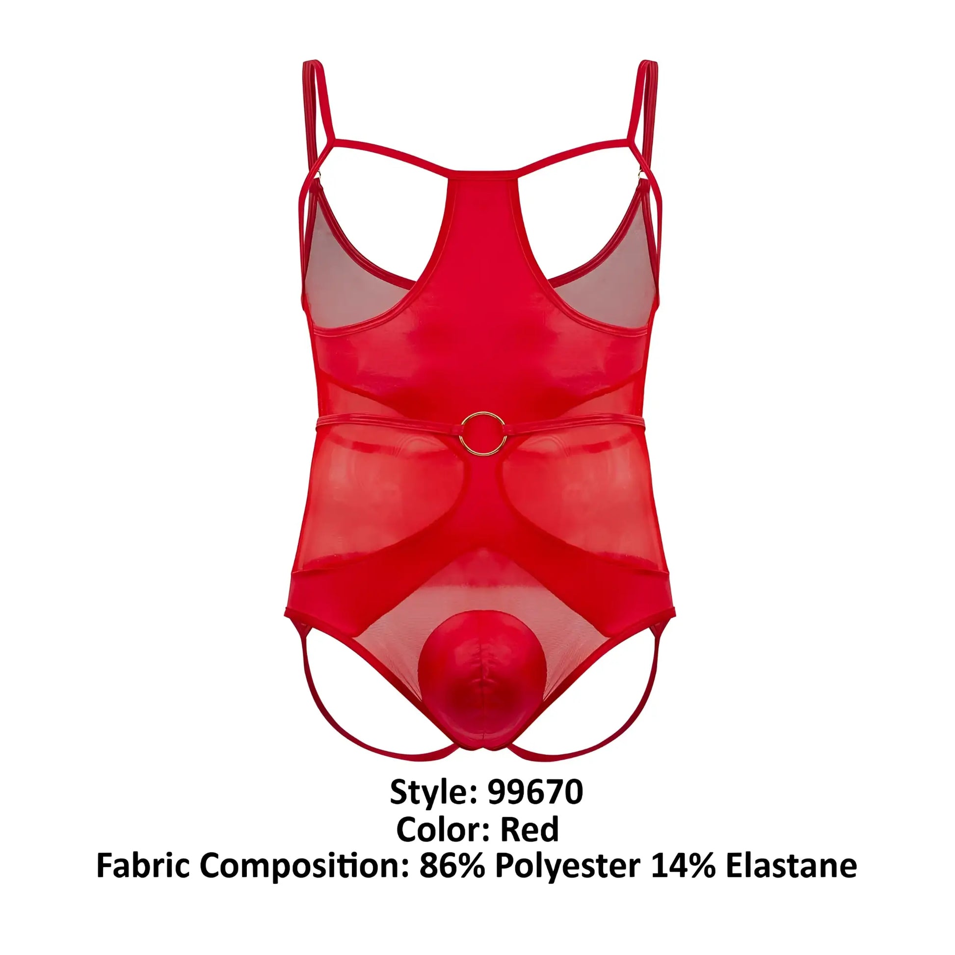Red CandyMan 99670 harness bodysuit featuring sheer mesh material, thin straps, and a circular metal buckle at the waist