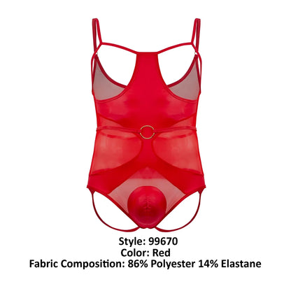 Red CandyMan 99670 harness bodysuit featuring sheer mesh material, thin straps, and a circular metal buckle at the waist