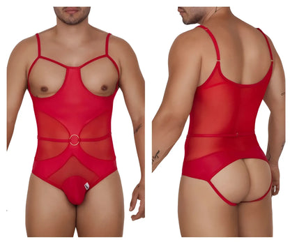 Red sheer mesh candy man 99670 harness bodysuit with thin straps and circular metal buckle at the waist