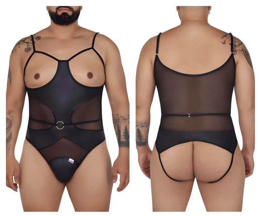 Black sheer mesh CandyMan 99670X harness bodysuit with black opaque panels and thin straps in black color