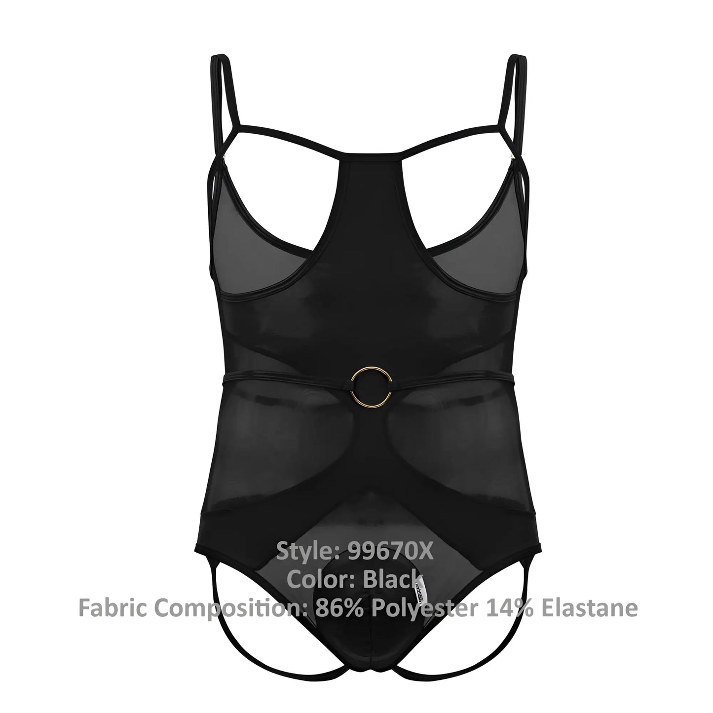 Black sheer mesh one-piece swimsuit with thin straps and gold-toned circular buckle at waist candyMan 99670X harness bodysuit