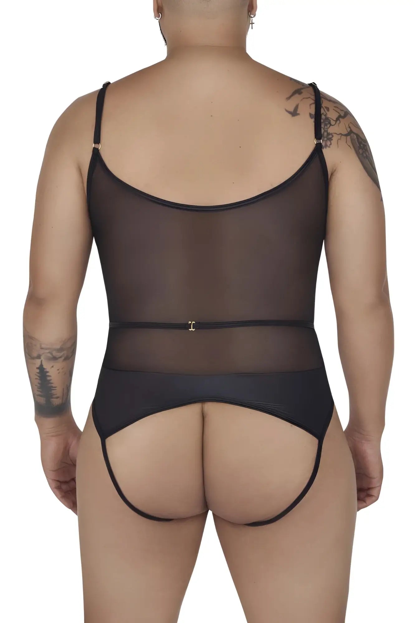 Black sheer mesh candyMan 99670X harness bodysuit with thin straps and back clasp shown from the back side