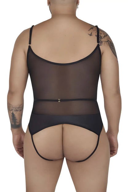 Black sheer mesh candyMan 99670X harness bodysuit with thin straps and back clasp shown from the back side