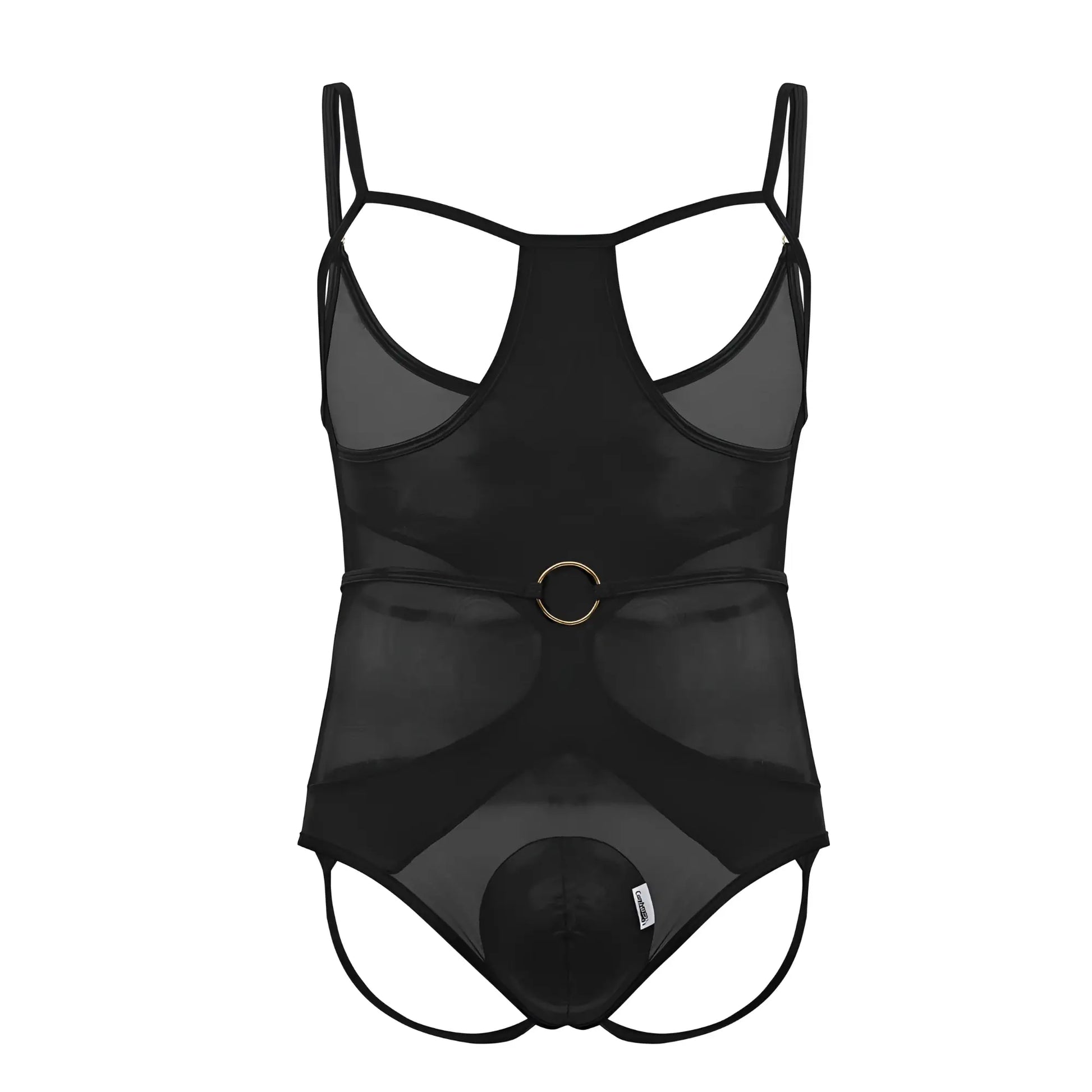 Black CandyMan 99670X harness bodysuit in sheer mesh with thin straps and gold-toned circular buckle at the waist