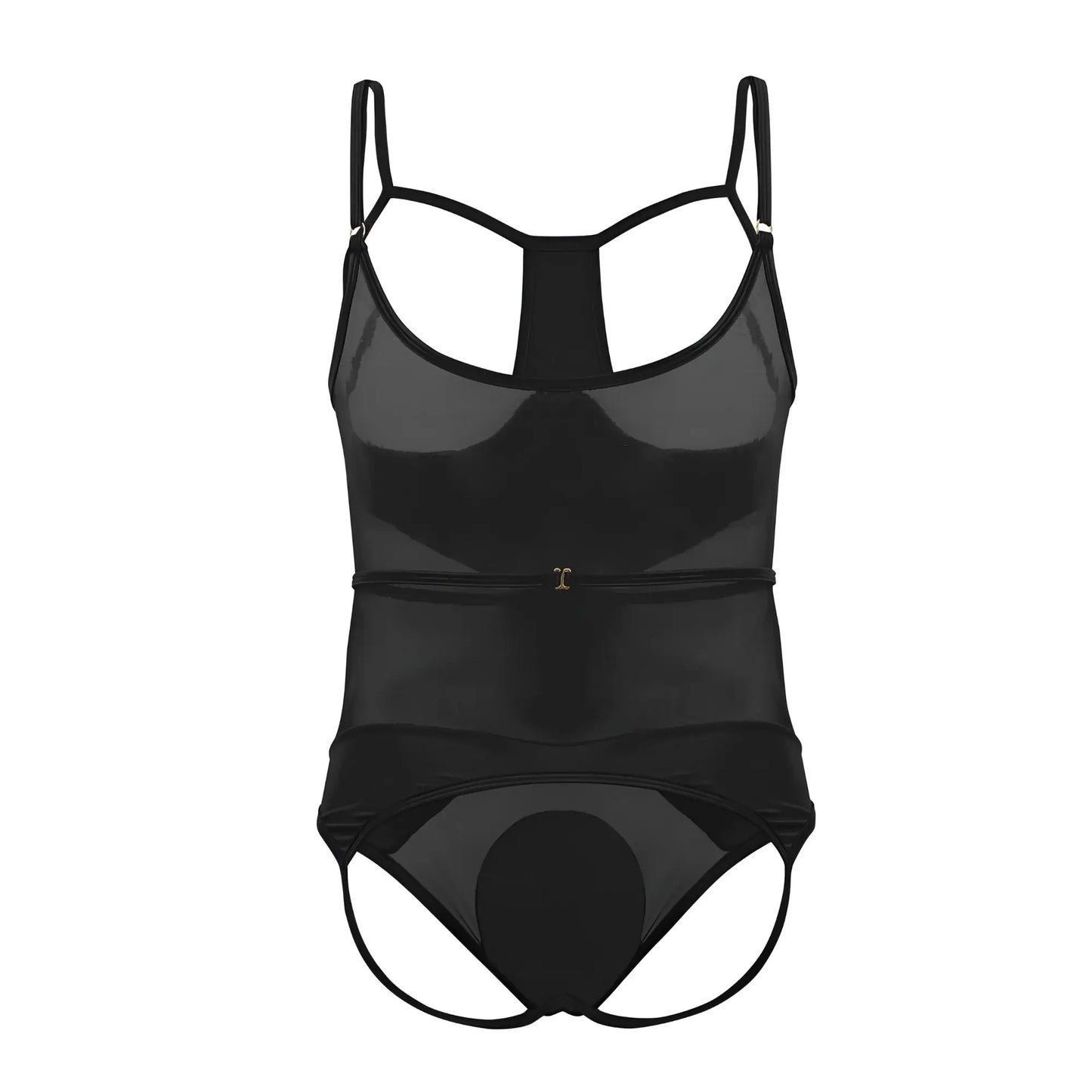 Black sheer CandyMan 99670X harness bodysuit with thin straps and central gold tone buckle at the waist