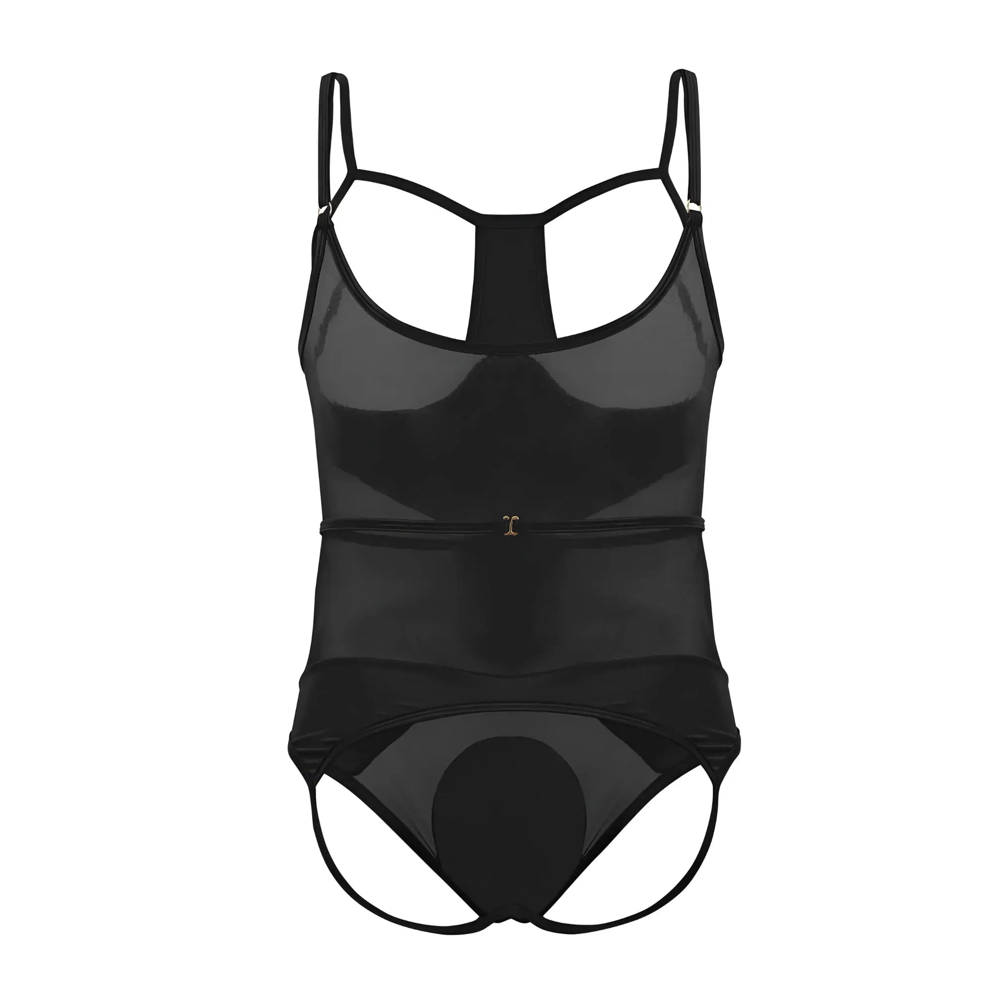 Black sheer CandyMan 99670X harness bodysuit with thin straps and central gold tone buckle at the waist