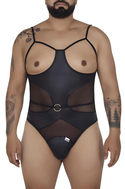 Black sheer candyMan 99670X harness bodysuit with thin straps and gold toned circular buckle at the waist