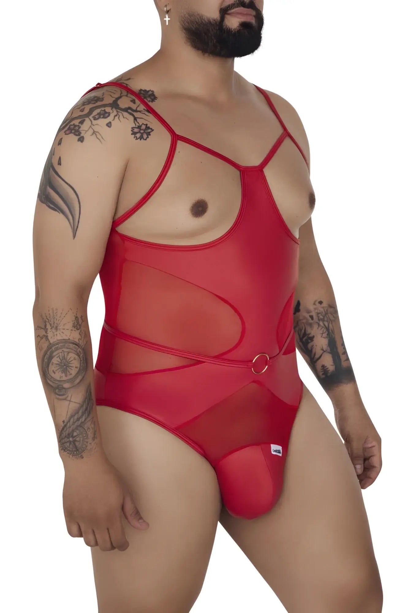 Candyman 99670x harness bodysuit in red sheer mesh with opaque panels and a silver ring buckle at the waist