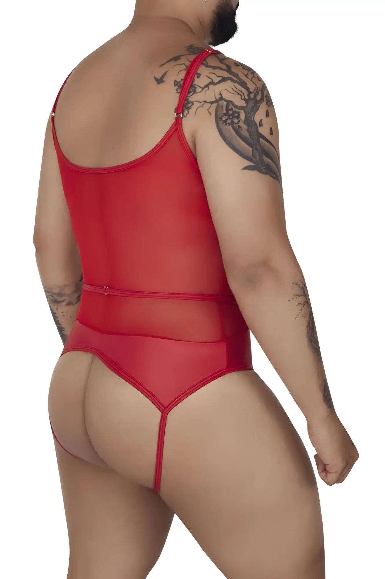 Red sheer mesh one-piece bodysuit with thin straps and back zipper from candyman 99670x harness collection