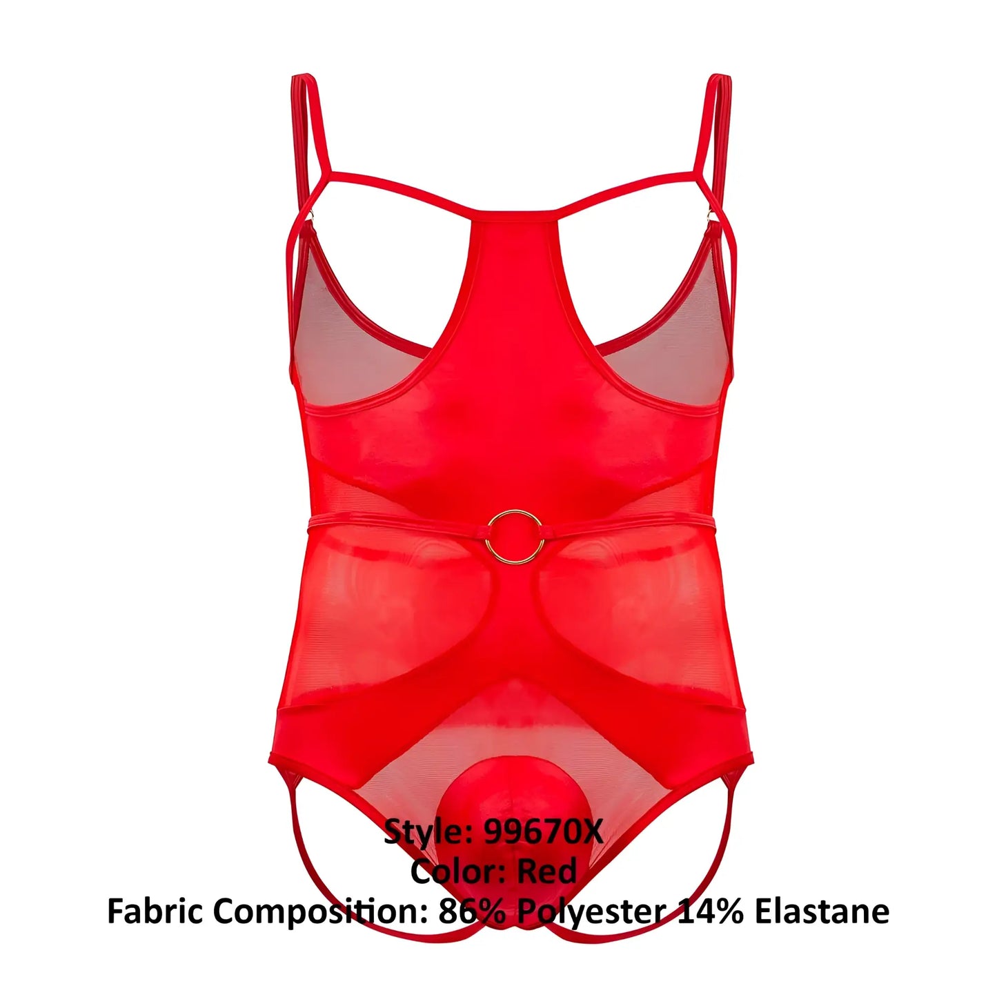 Red sheer mesh one-piece bodysuit with thin straps and metallic ring at waist candyMan 99670X harness bodysuit red