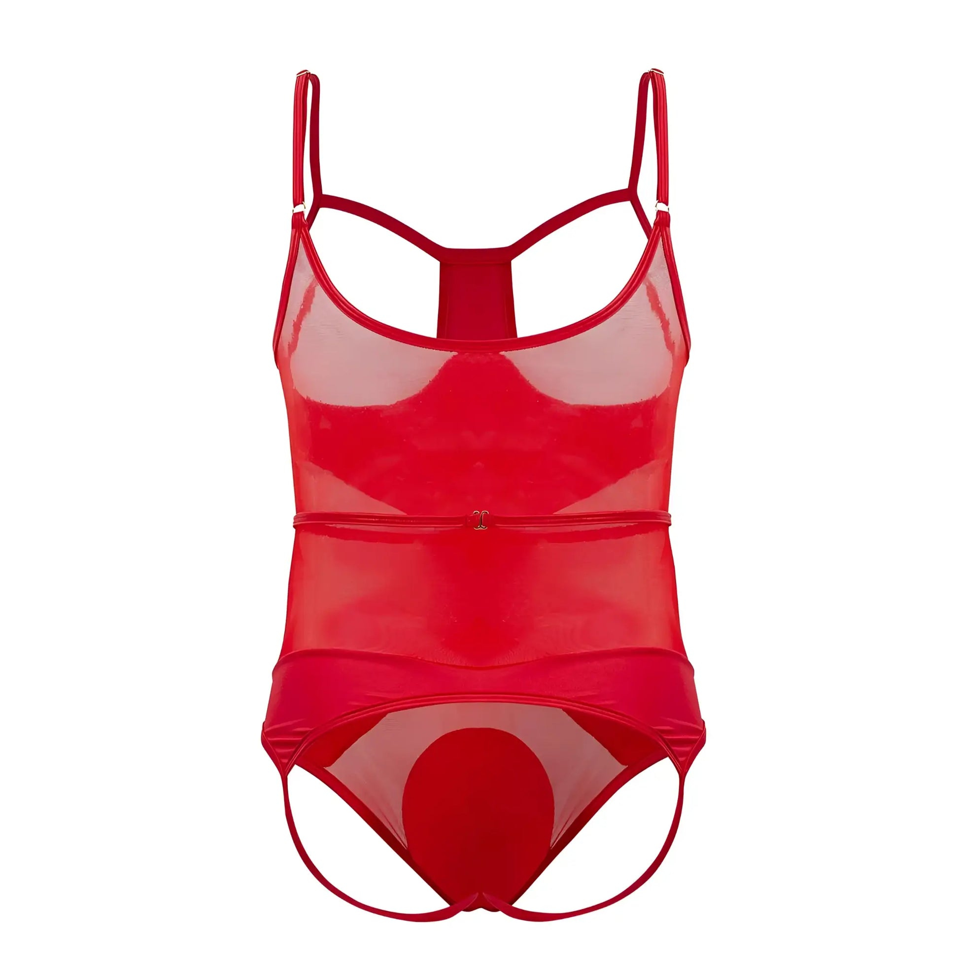 Red sheer mesh one-piece swimsuit with thin straps and central zipper from Candyman 99670X harness bodysuit in red