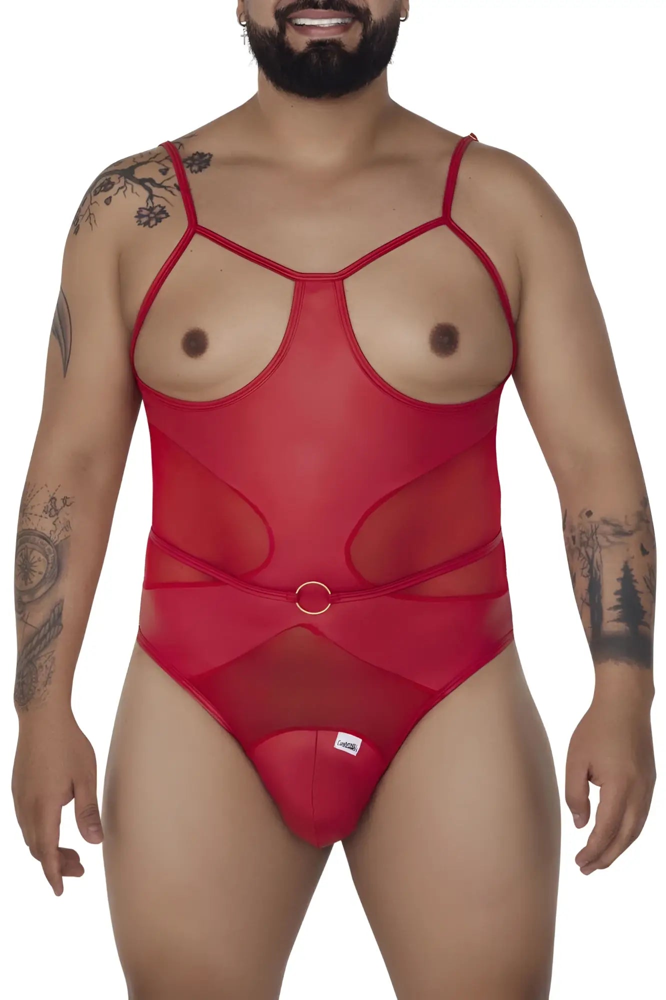 Candyman 99670X red sheer mesh bodysuit with thin straps and circular metal buckle at the waist