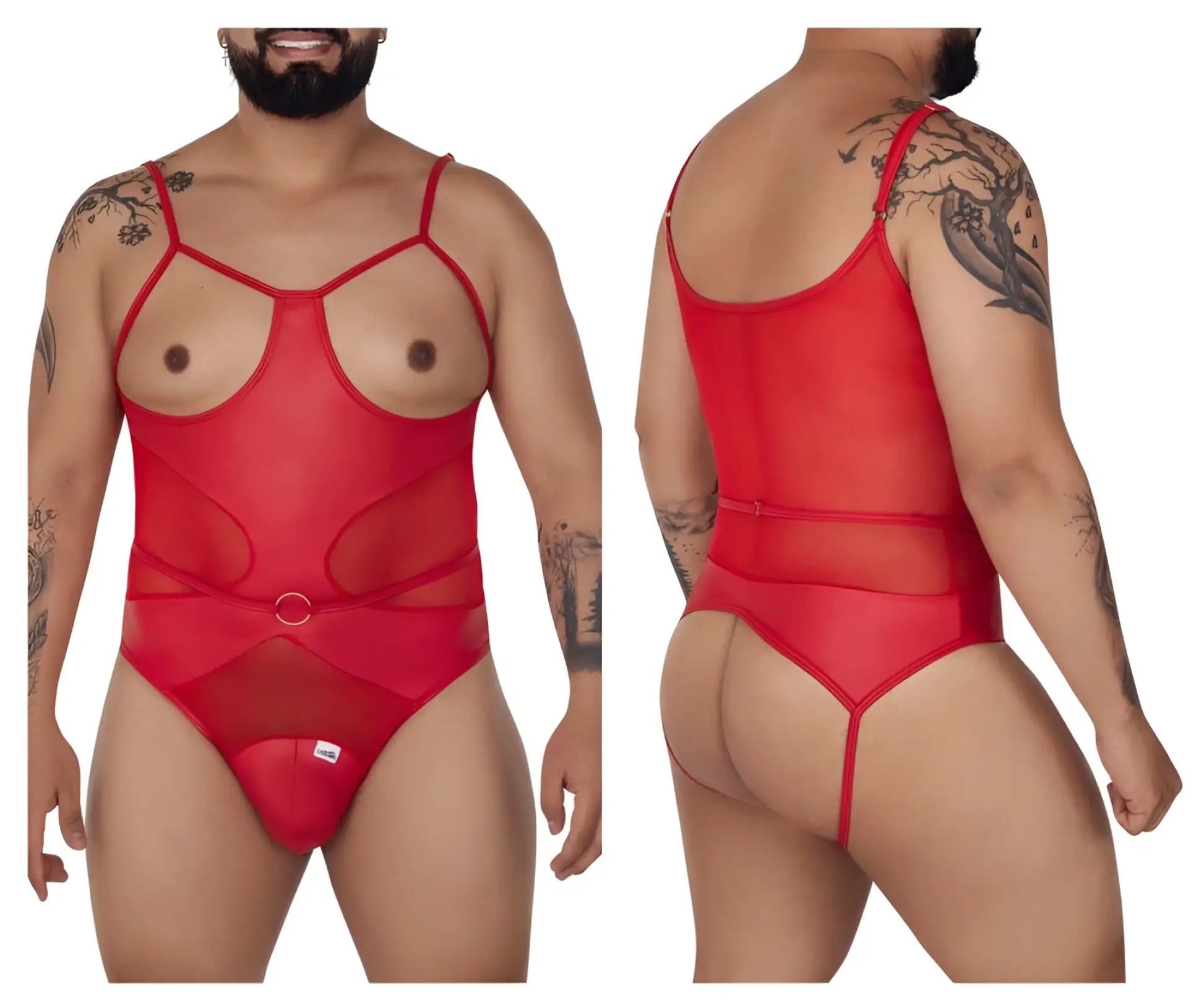 Candyman 99670x red harness bodysuit in sheer mesh with thin straps and circular metal buckle at the waist