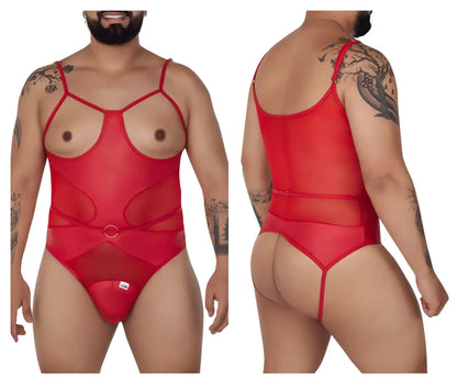 Candyman 99670x red harness bodysuit in sheer mesh with thin straps and circular metal buckle at the waist