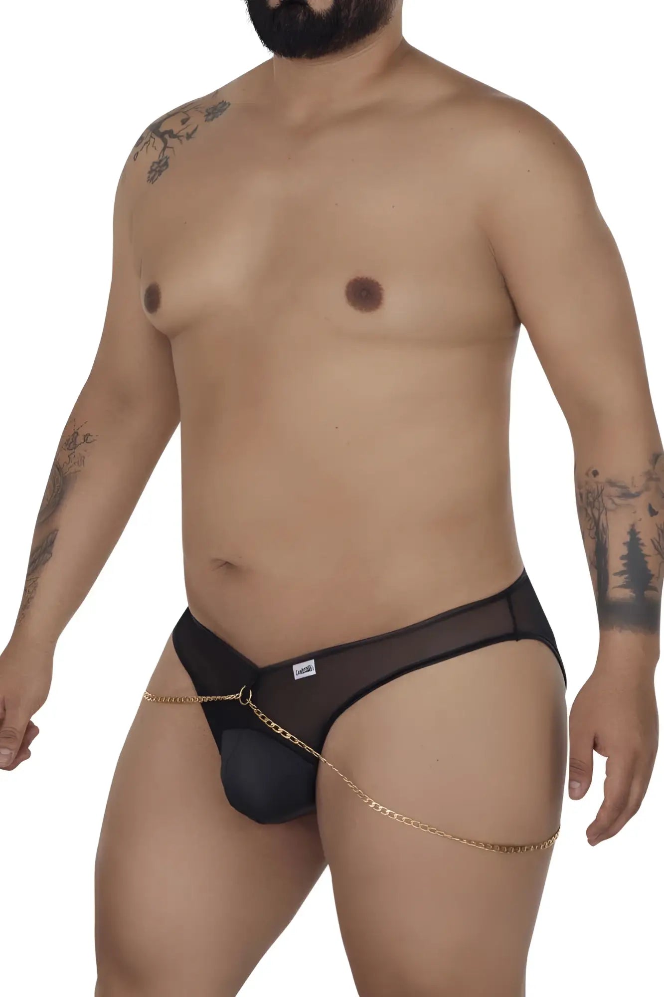 Black mesh CandyMan 99672X chain jock briefs with a gold chain detail on the side for stylish support