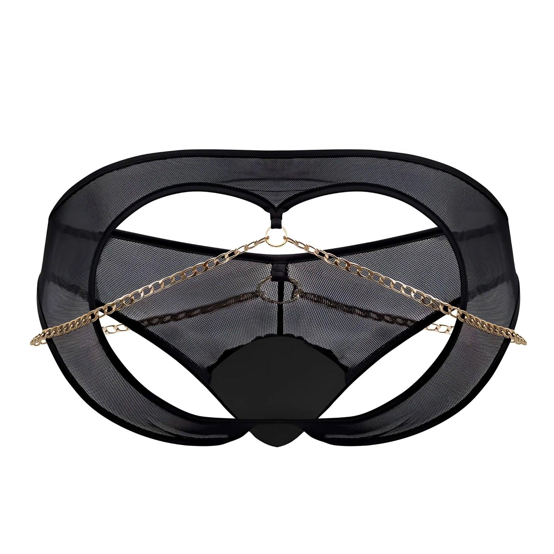 CandyMan 99672X black mesh jock briefs with gold chain detailing showcasing sleek sensual lingerie design
