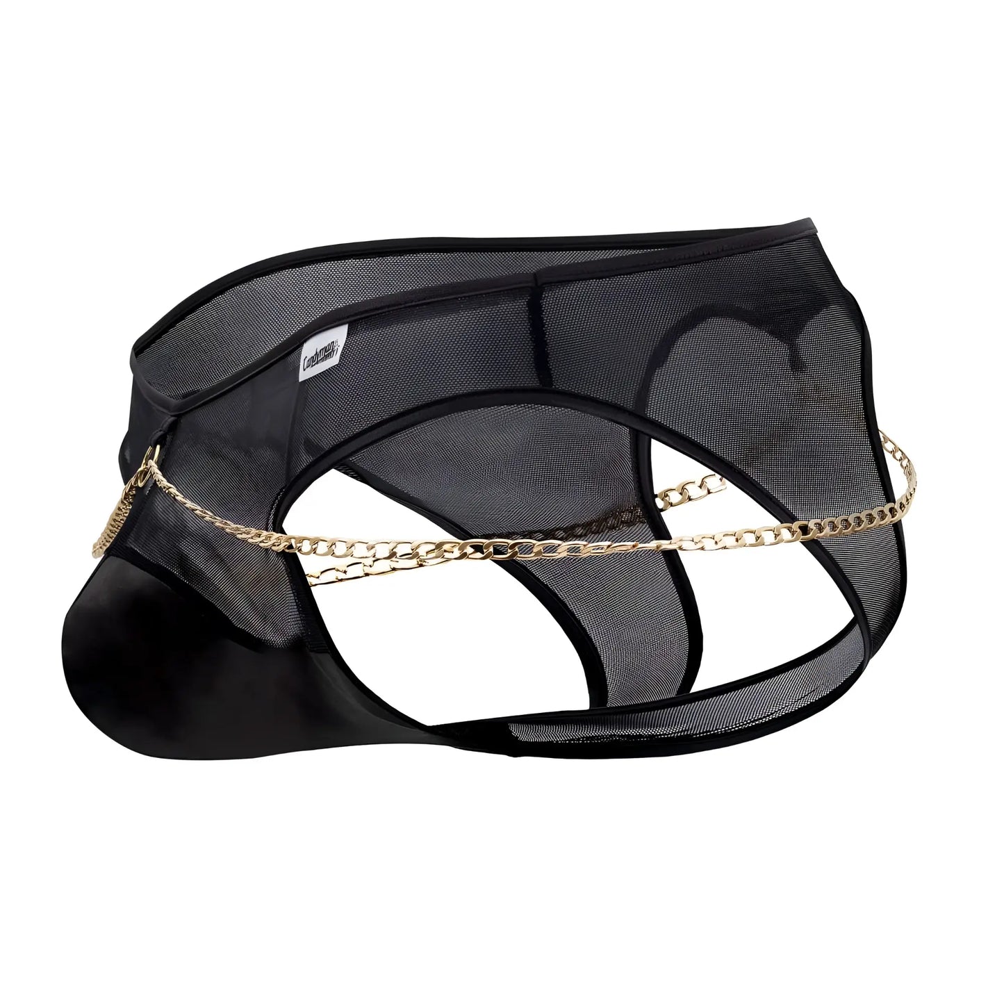 Black mesh candyMan 99672X chain jock briefs for men featuring gold chain detail and breathable fabric