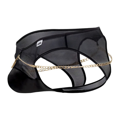 Black mesh candyMan 99672X chain jock briefs for men featuring gold chain detail and breathable fabric
