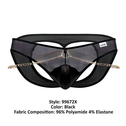 Black candyMan 99672X chain jock briefs with glossy mesh thong and gold toned chain detailing