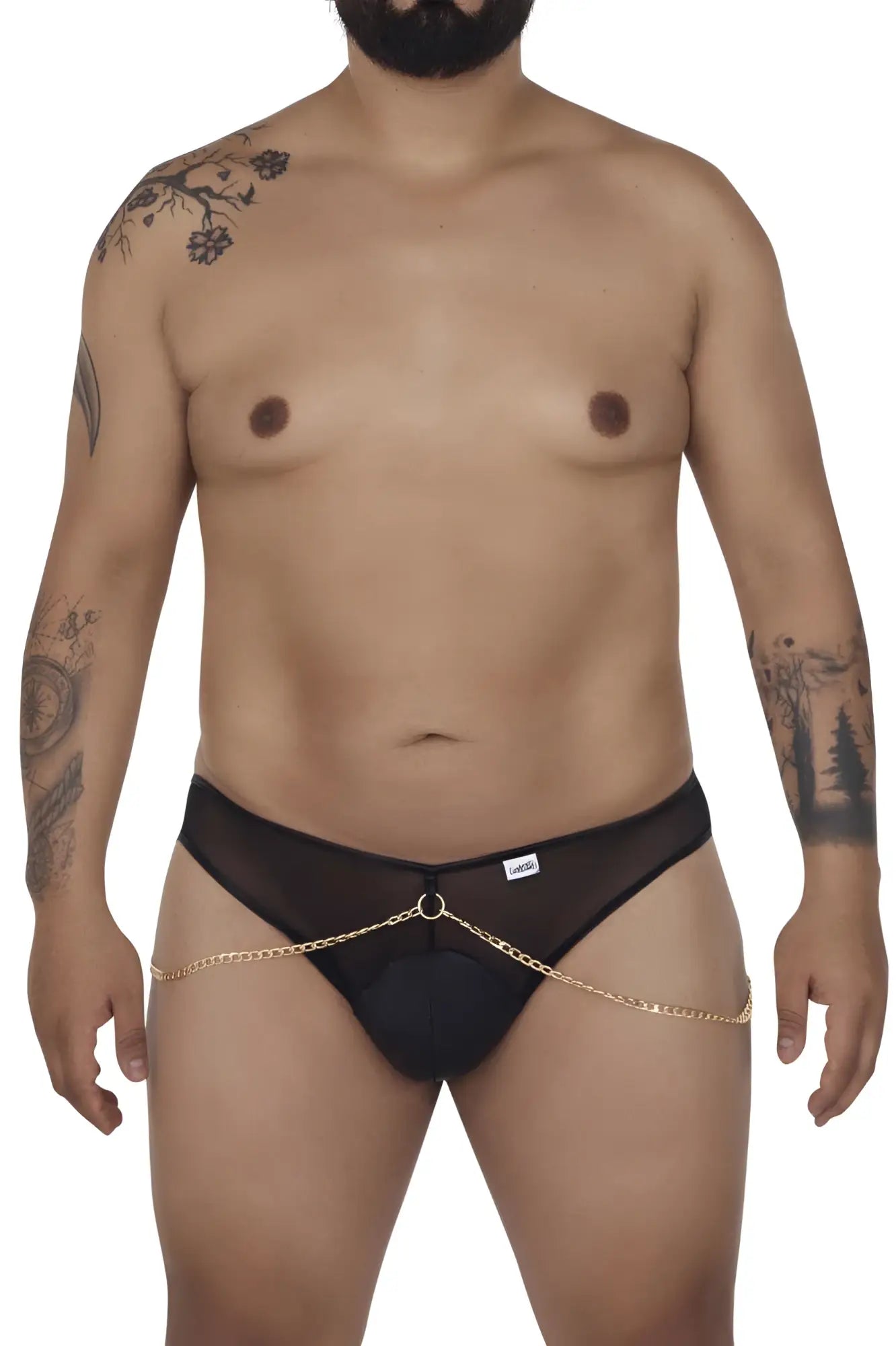 Black candyMan 99672X chain jock briefs with gold chain detailing and black mesh material shown from the back side