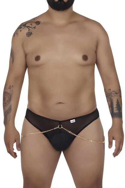 Black candyMan 99672X chain jock briefs with gold chain detailing and black mesh material shown from the back side