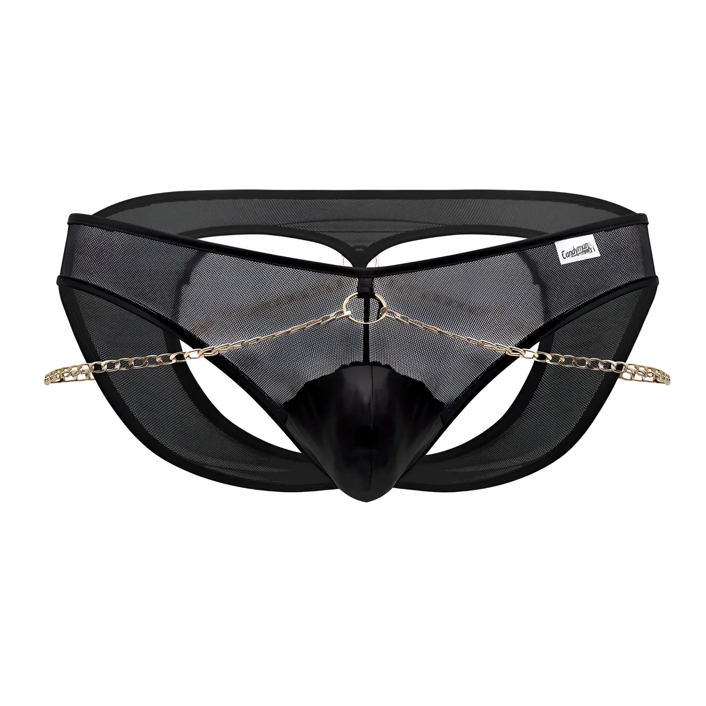 Black mesh thong candyMan 99672X chain jock briefs with shiny black center panel and gold chain front detail