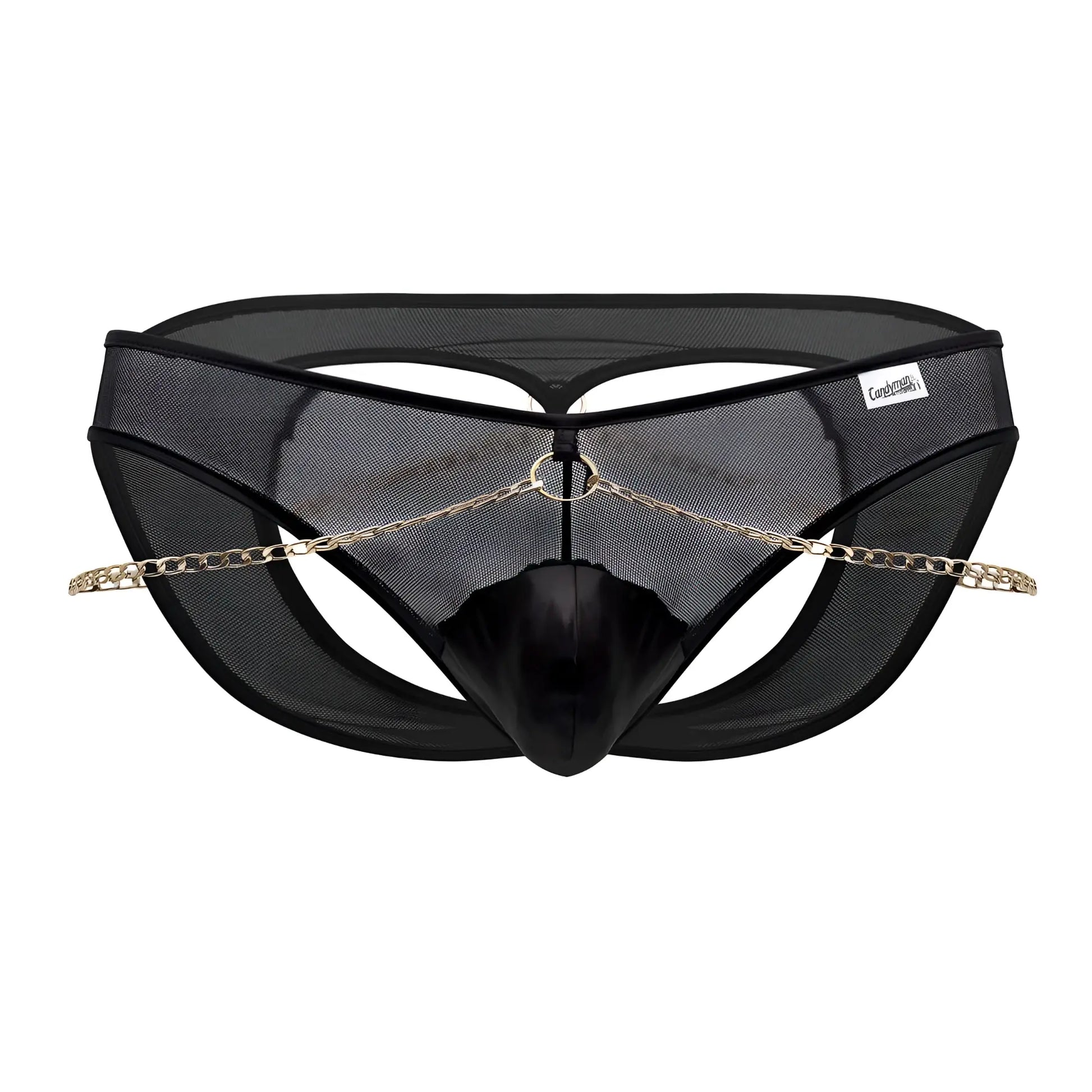 Black mesh thong candyMan 99672X chain jock briefs with shiny black center panel and gold chain front detail