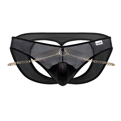 Black mesh thong candyMan 99672X chain jock briefs with shiny black center panel and gold chain front detail