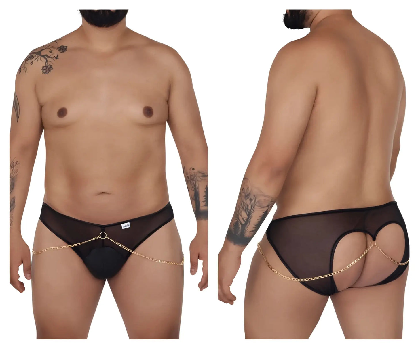 Black sheer mesh CandyMan 99672X chain jock briefs with gold chains attached front and back