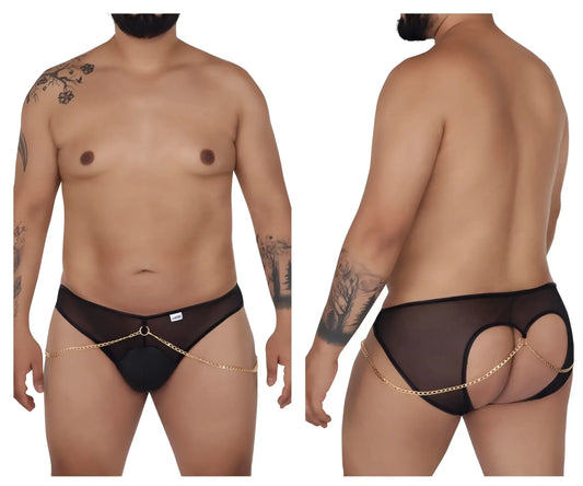 Black sheer mesh CandyMan 99672X chain jock briefs with gold chains attached front and back