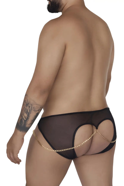 Back side of candyman 99672x chain jock briefs black sheer mesh briefs with gold chain detail across the back