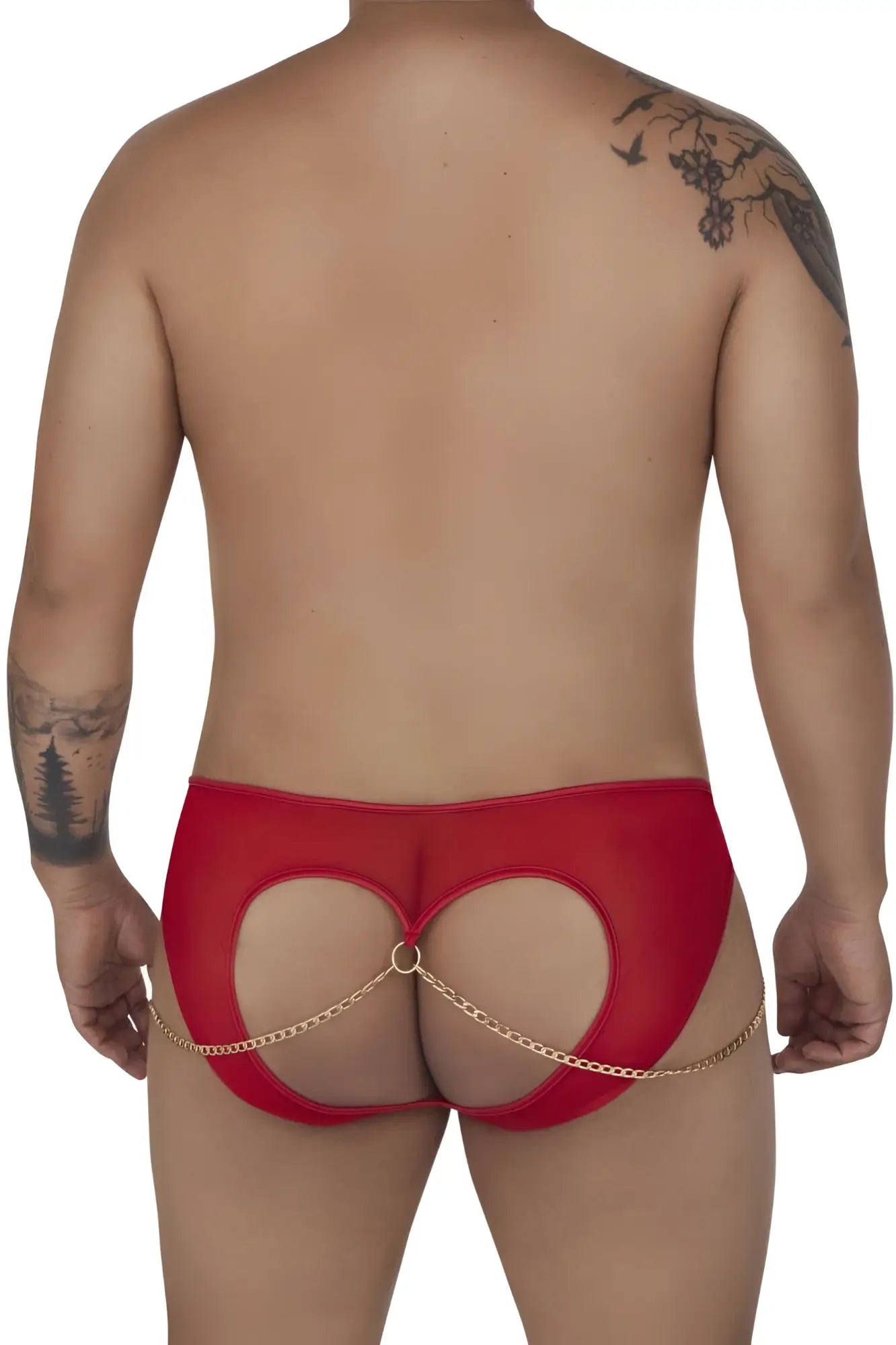 Red mesh CandyMan 99672X chain jock briefs with gold chain detailing designed for bold men’s underwear style