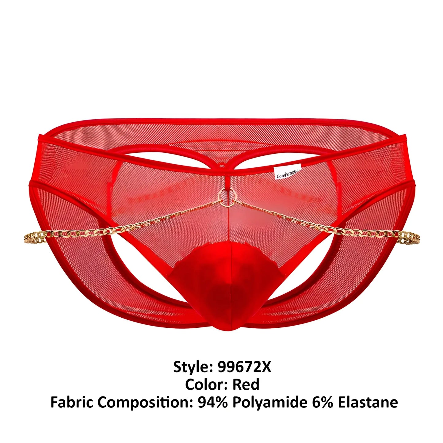 Red mesh candyMan 99672X chain jock briefs with gold chain detail across the front for bold style