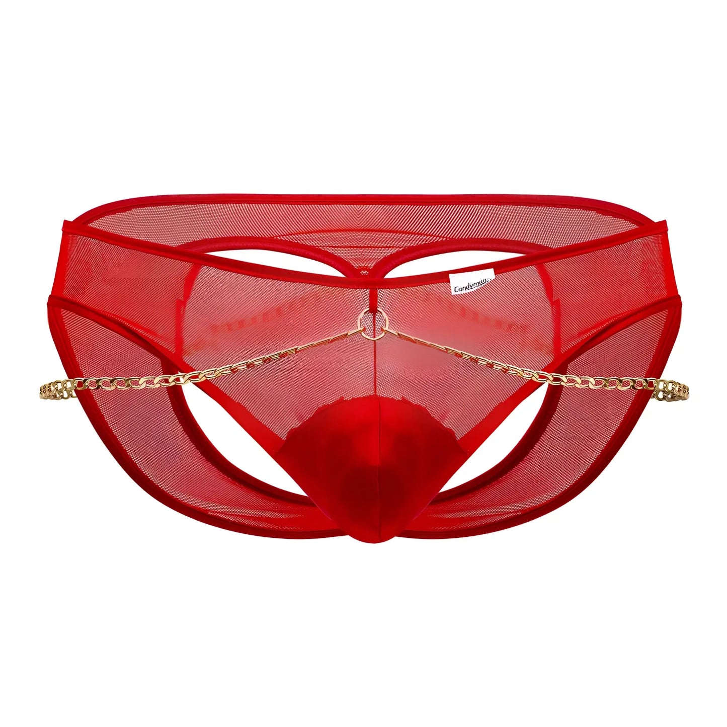 CandyMan 99672X red mesh thong with gold chain detail showcasing the back side of the chain jock briefs