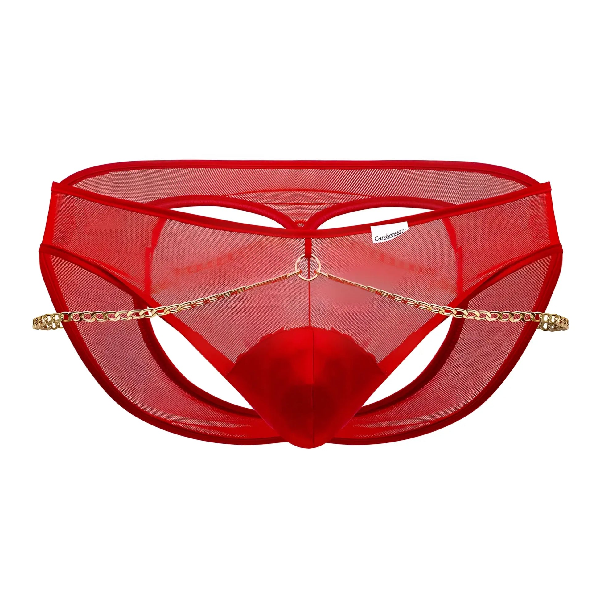 CandyMan 99672X red mesh thong with gold chain detail showcasing the back side of the chain jock briefs