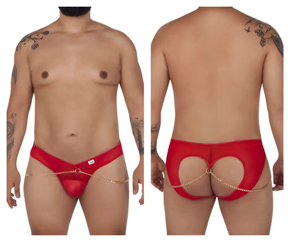Red mesh thong with gold chain detailing from candyman 99672x chain jock briefs in red shown from the back side