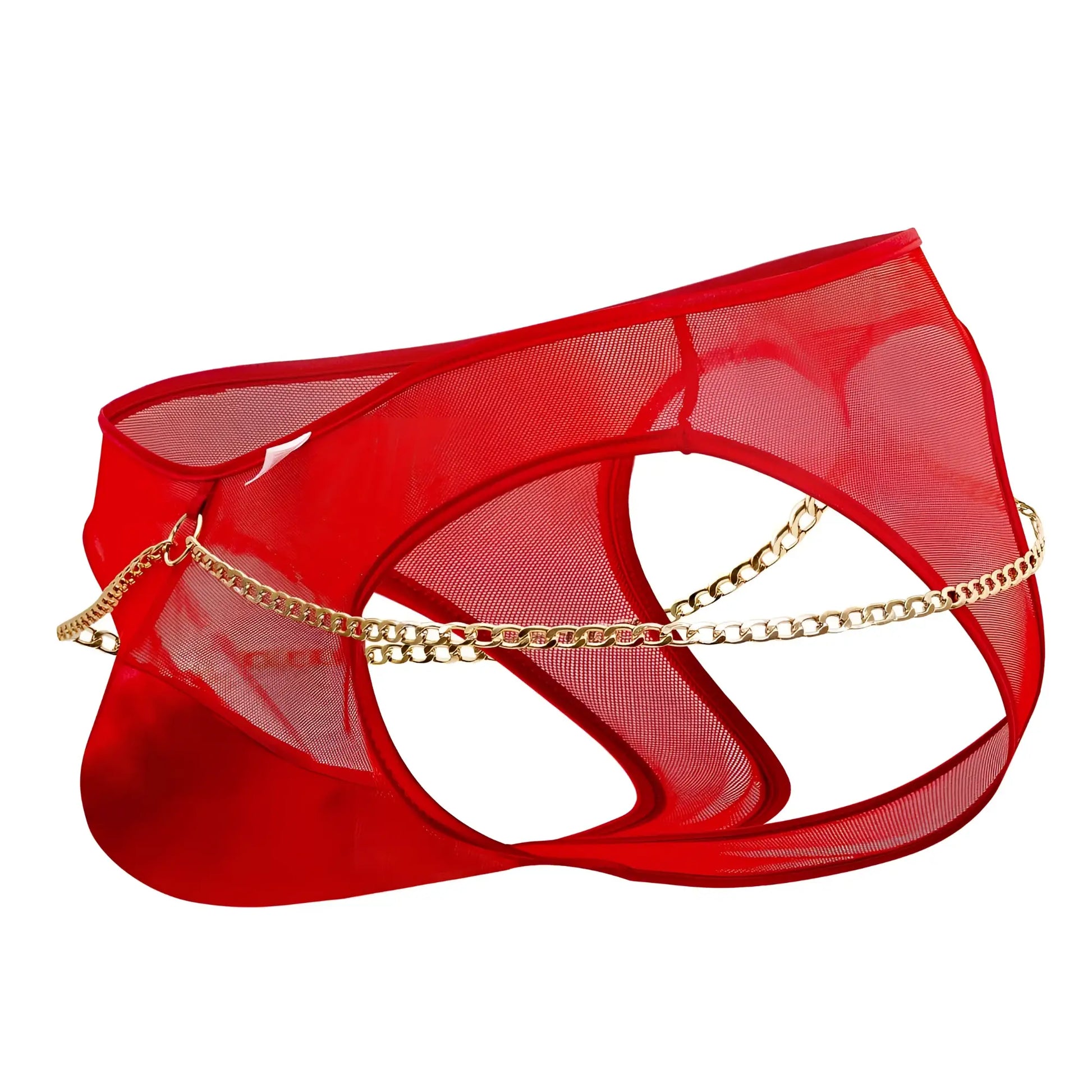 Red sheer mesh chain jock briefs with gold chain detailing by Candyman in vibrant red color