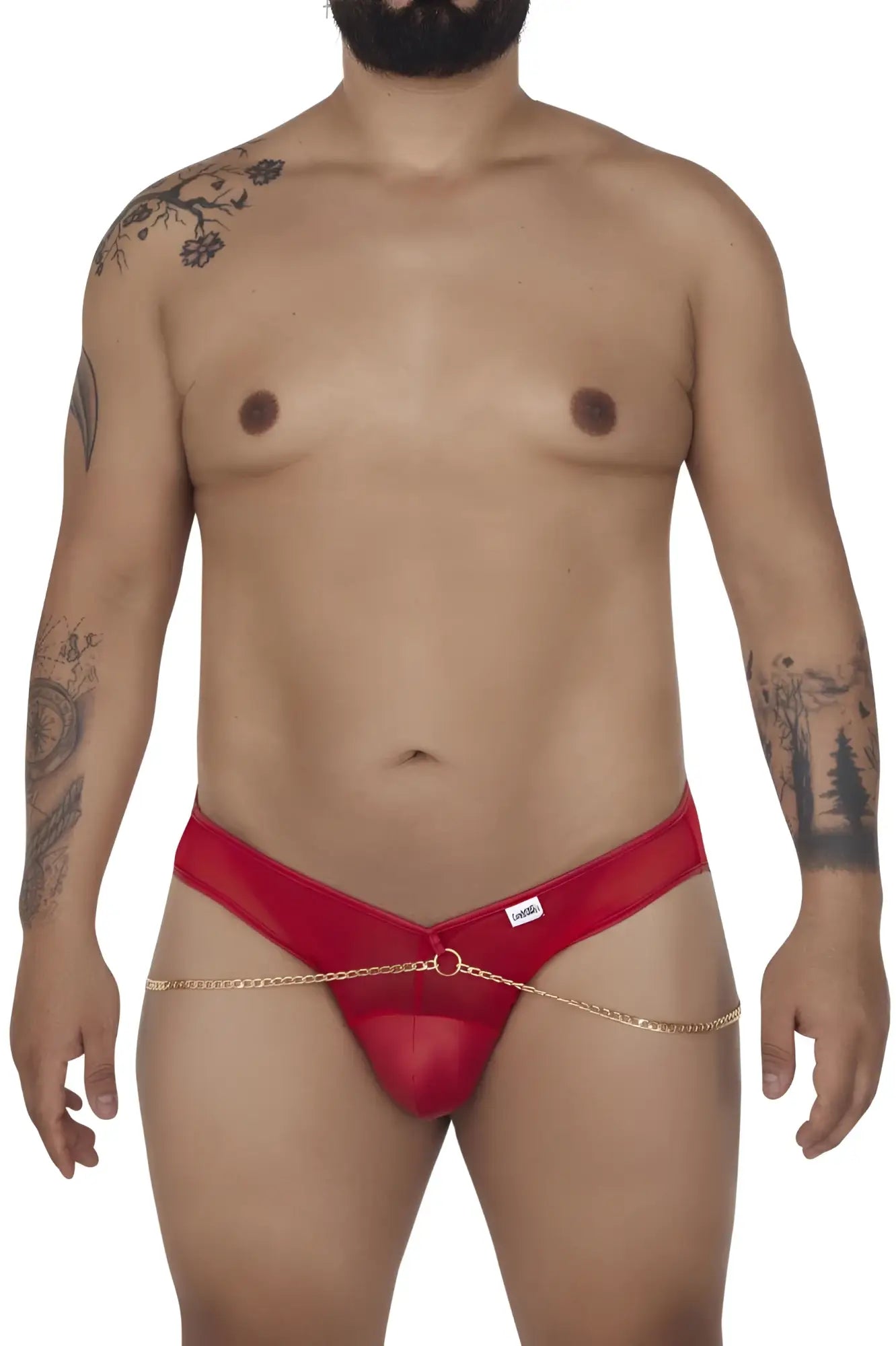 CandyMan 99672X chain jock briefs are red sheer mesh thong with a gold chain attached to the front