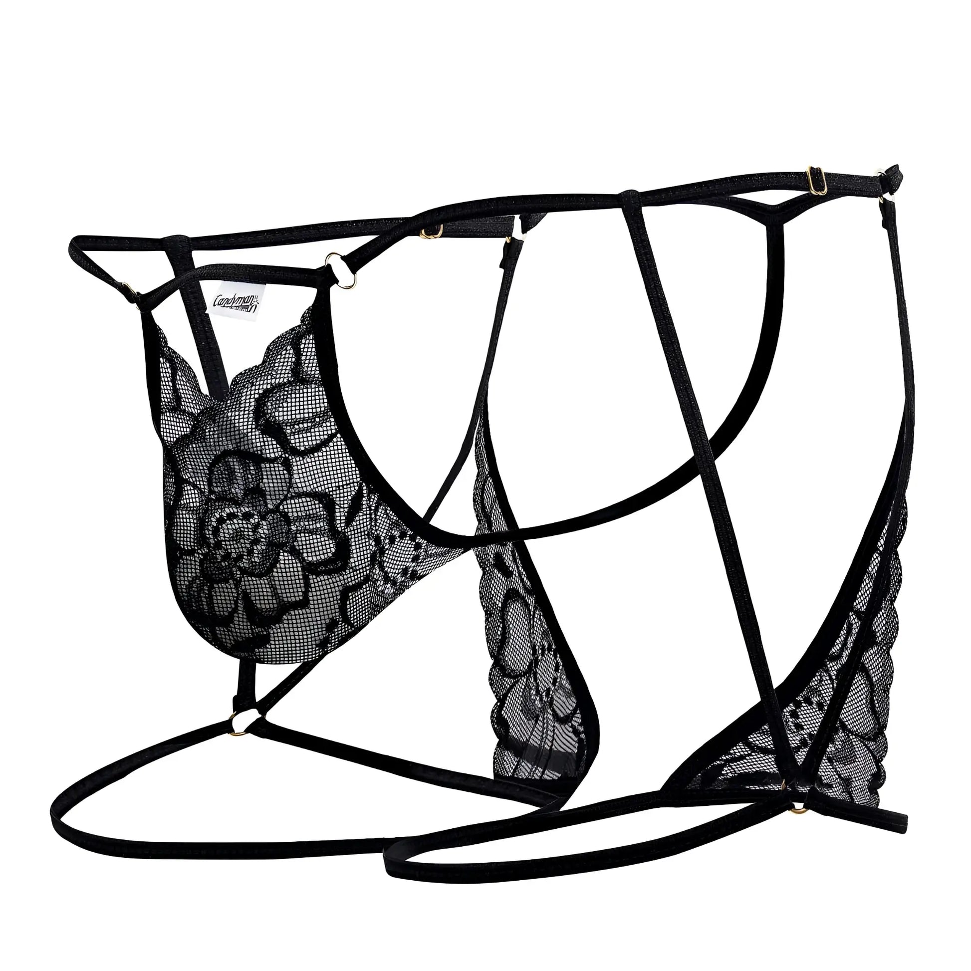 Black lace lingerie set candyMan 99678 with floral patterns and adjustable straps in black color