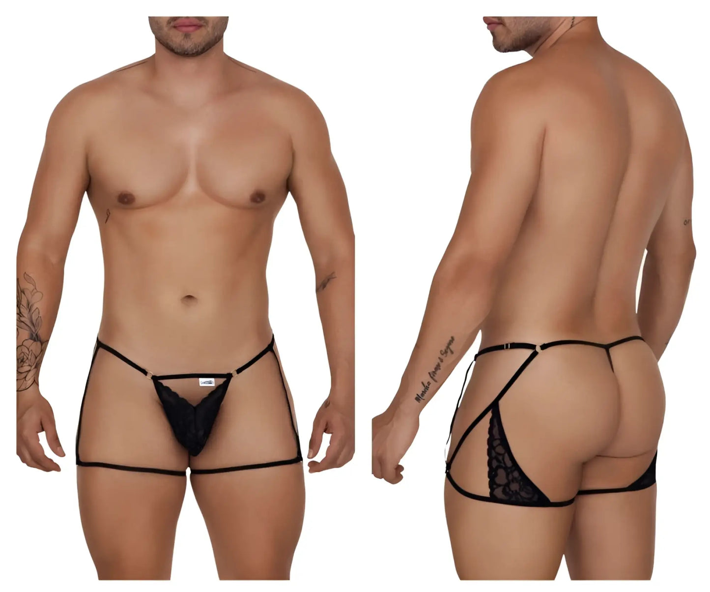 Black lace thong garter thongs with adjustable side straps and intricate floral embroidery back panel candyMan 99678