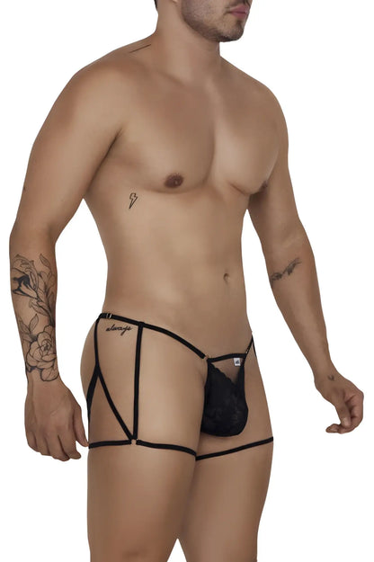 Black lace candy man 99678 garter thong with adjustable straps and branded logo on the side in black color