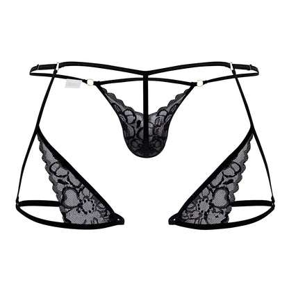 Black lace thong candyMan 99678 with intricate floral patterns and thin adjustable straps in black color