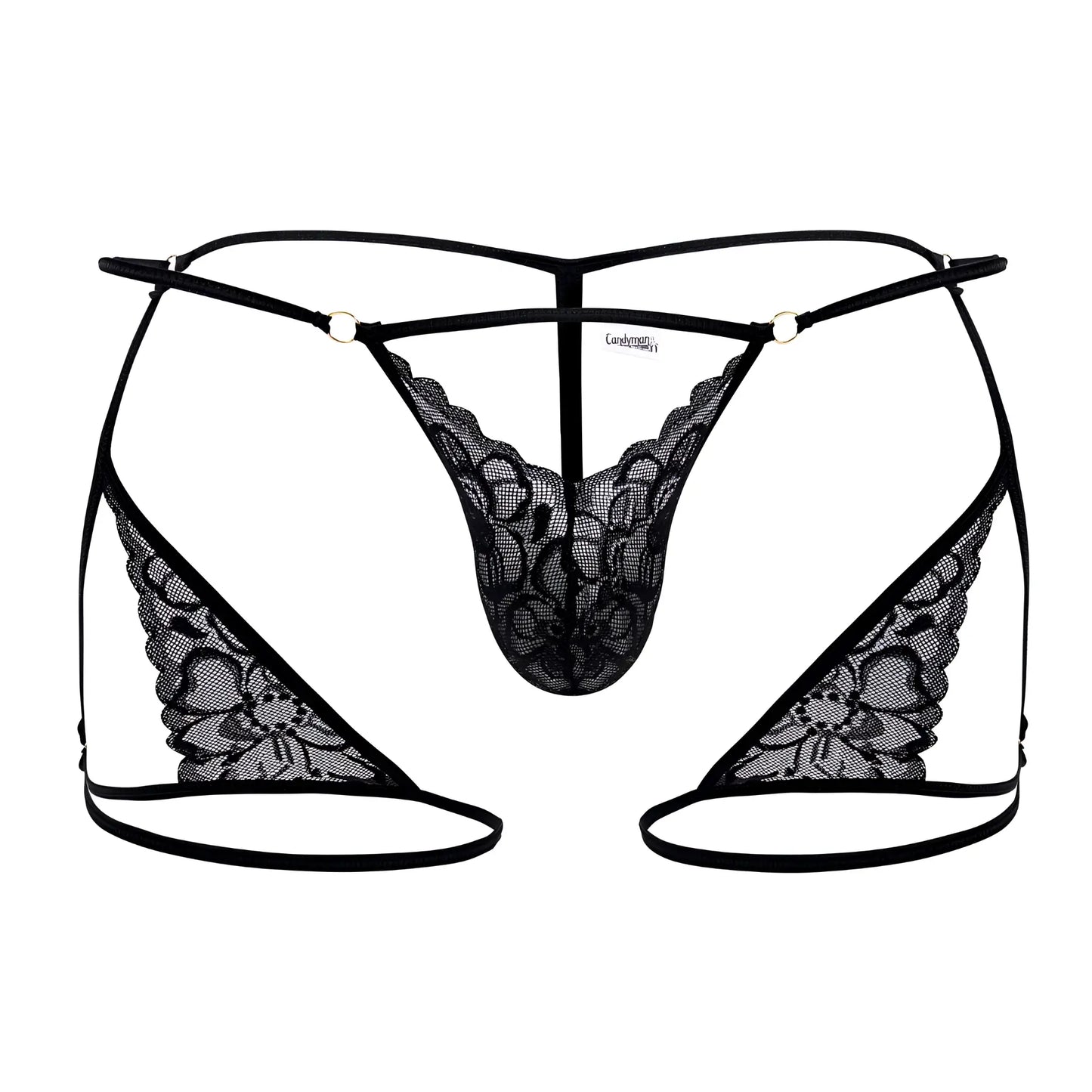 CandyMan 99678 black lace garter thong with intricate floral patterns and thin elastic straps shown from the back