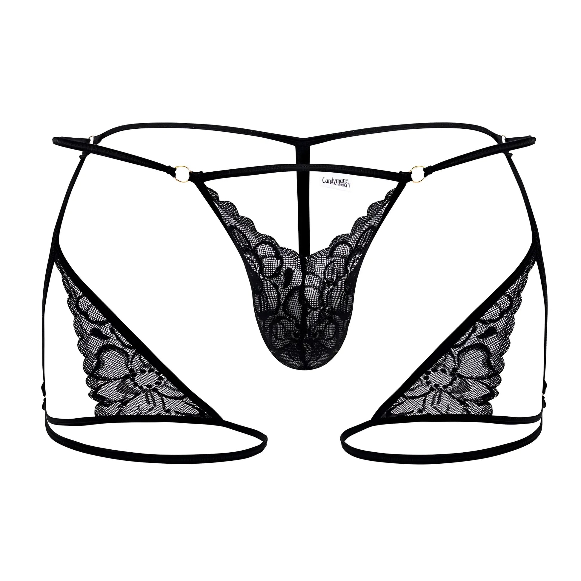 CandyMan 99678 black lace garter thong with intricate floral patterns and thin elastic straps shown from the back